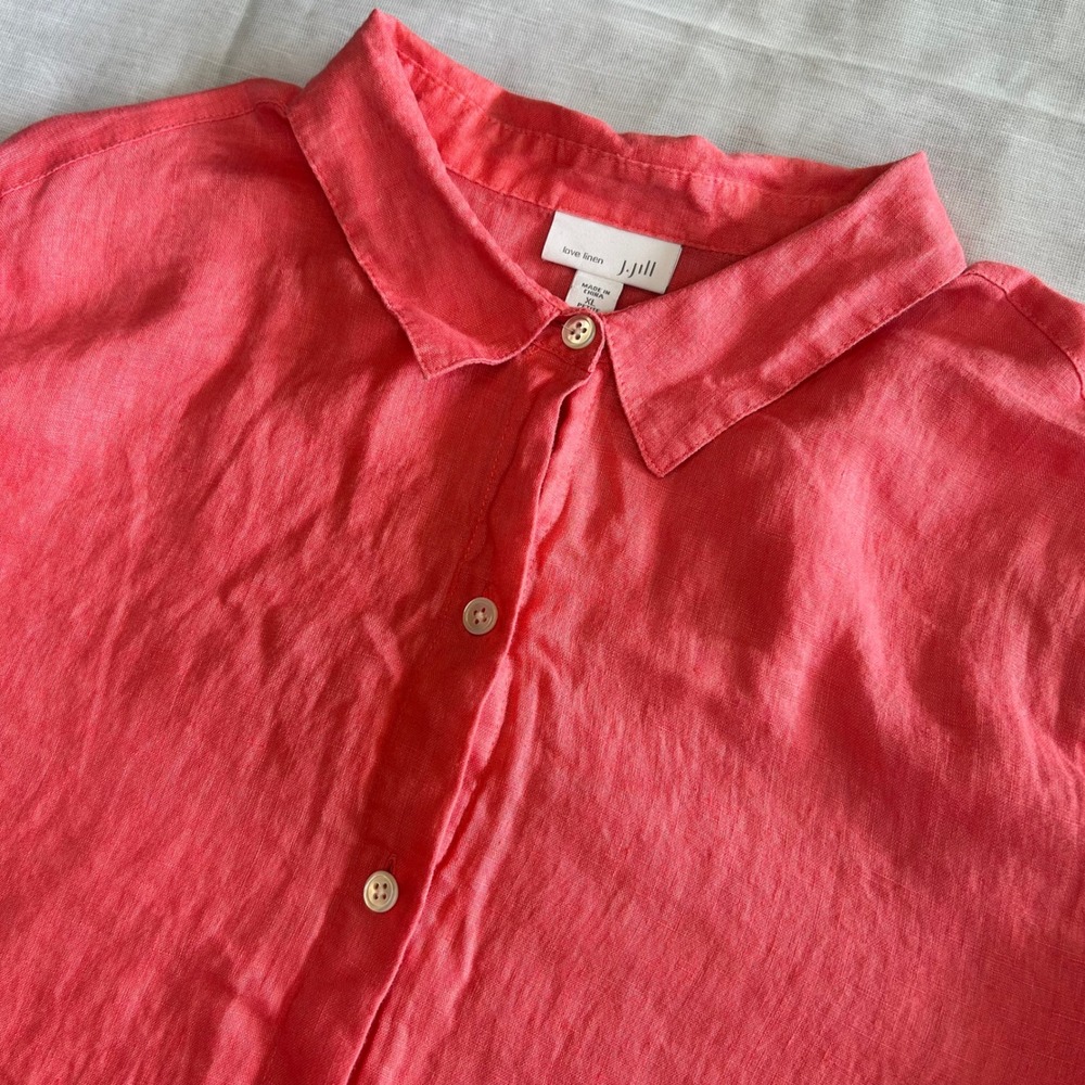 J. Jill Love Linen Button Down Shirt Womens XL Petite Coral Pink Long Sleeve